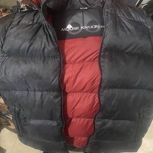 Moose Knuckles Black and Red Puffer Jacket